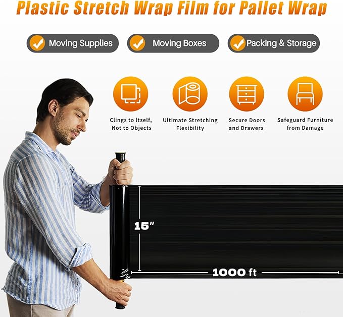 Black Stretch Film Shrink Wrap for Moving Supplies (15inch, 1 Pack) x 1000ft, Industrial Strength Plastic Wrap Stretch Roll for Pallet Wrapping Shipping Moving Boxes Storage Furniture with Handles
