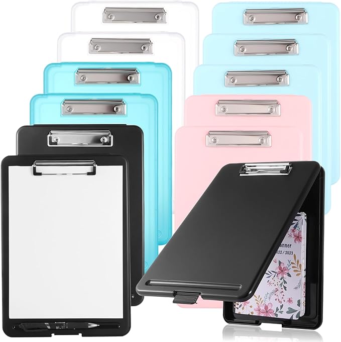 12PCS Plastic Clipboards with Storage, 9.5 x 13.5 Heavy Duty Portable Writing Boards for A4 Paper, Nursing Foldable Clip Board with Metal Clip for Nurse Teacher Student Classroom Office (Bright Color)