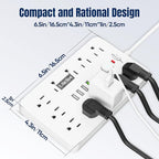 5 FT Flat Plug Surge Protector Power Strip,11 Multiple AC Outlets with 6 USB Ports (2 USB C), 5 Feet Extension Cord, 1250W/10A, One Touch Switch Button, 17 in 1 Compact powerstrip-White