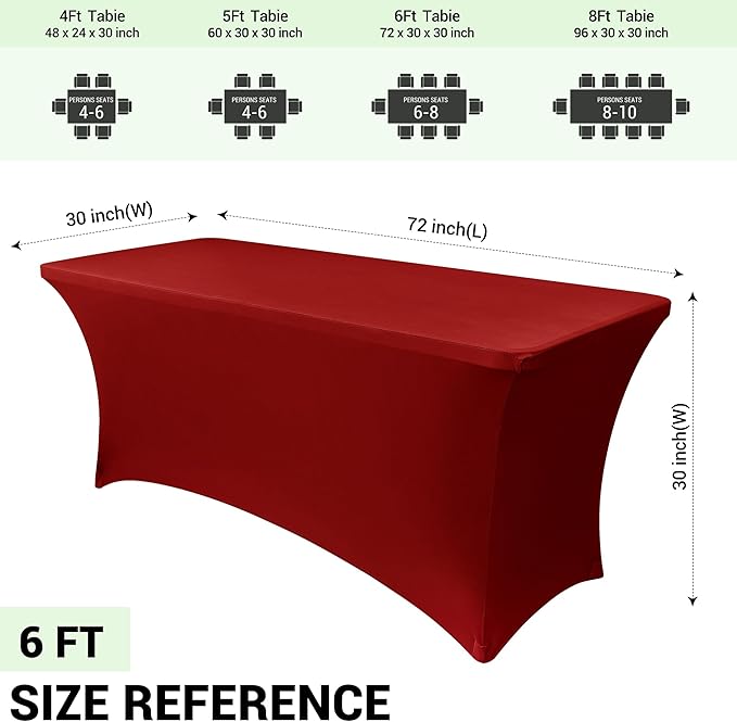 Obstal 6 Pack Stretch Spandex Red Table Covers for 6 Foot Tables - 6 FT Universal Rectangular Fitted Tablecloth Protector for Wedding, Banquet, Party, 72 Length x 30 Width x 30 Height Inches