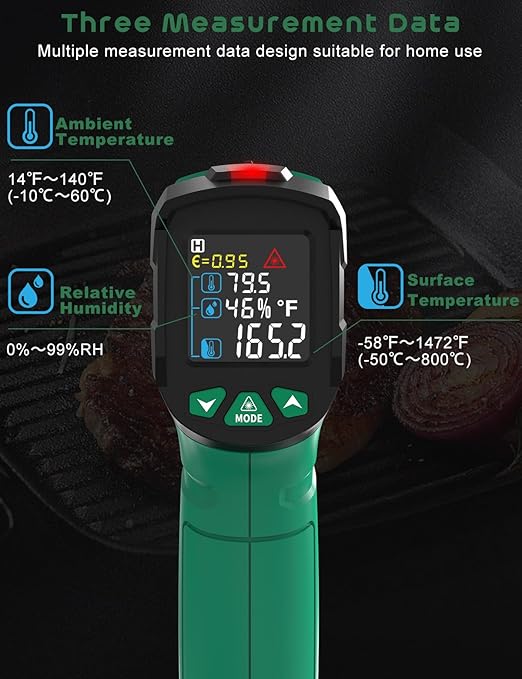 Infrared Thermometer Gun,SQECH Laser Thermometer Gun -58℉～1472℉(-50℃～800℃),Temperature Gun with Ambient Temperature/Humidity/Adjustable Emissivity/Color Backlight for Cooking, Oven,Engine,HVAC