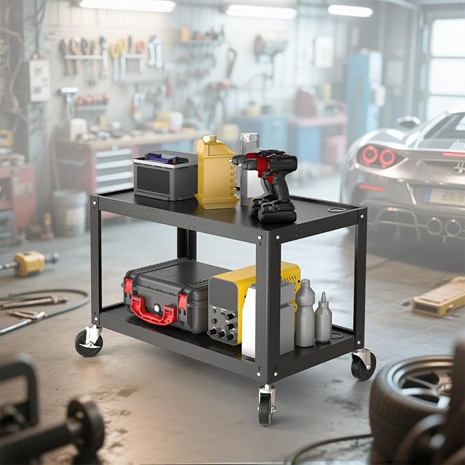 Extra Large Rolling Computer Cart with Power Strip - 3 Tier Steel Utility AV Cart with Wheels - Height Adjustable Mobile Workstation Media Carts for Presentation Office Classroom, 34" x 18" x 42"