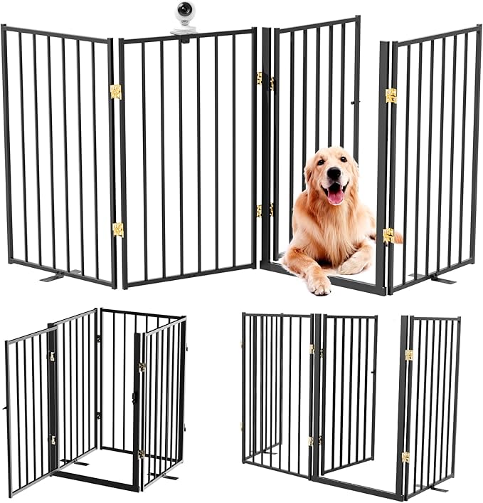 Metal Freestanding Dog Gate Outdoor-4 Panels with Door, Extra Wide Foldable Pet Fence with Pet Monitor Adapter, 32'' Height Tall Dog Gate for Doorways, Stairs, Hallways, Yard, Indoor