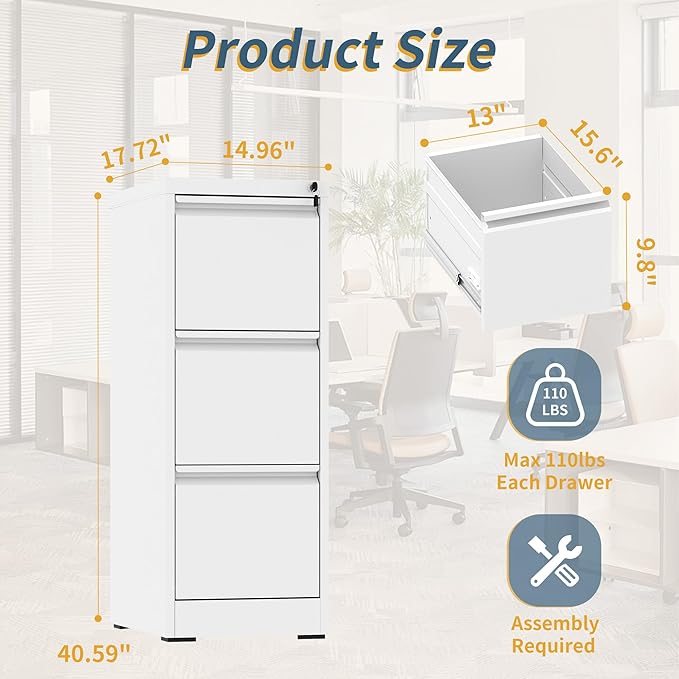 3 Drawer File Cabinet with Lock, Vertical Filing Cabinets for Home Office, Metal Storage Cabinets, Heavy Duty File Cabinet for Letter/Legal/A4/F4 Size Amssebly Required, White