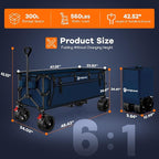 48" L Collapsible Wagon Cart Foldable, 560lbs Weight Capacity 300L Heavy Duty Folding Beach Wagons with Big All-Terrain Wheels, Utility Carts for Groceries, Shopping, Camping, Sports - Blue