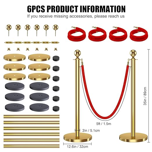 kaiyomi 6Pcs Stanchions with Red Velvet Ropes Set, 5 Feet Velvet Ropes and Posts Poles for Red Carpet Party Decoration and 360° Photo Booth (Golden)