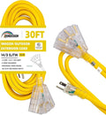 3-Outlets Indoor Outdoor Extension Cord Weatherproof with Lighted End, UL Listed, 14 Gauge 30FT Yellow 3 Prong Heavy Duty, 14/3 SJTW 15A Extension Cord