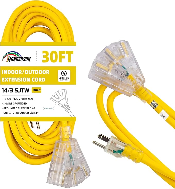 3-Outlets Indoor Outdoor Extension Cord Weatherproof with Lighted End, UL Listed, 14 Gauge 30FT Yellow 3 Prong Heavy Duty, 14/3 SJTW 15A Extension Cord