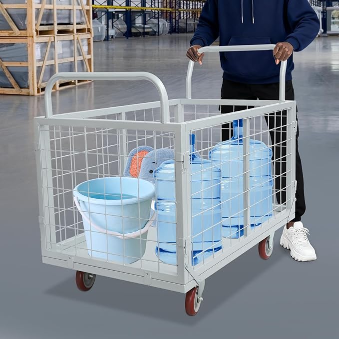 4-in-1 Heavy Duty Platform Truck Cart with Removable Cage, Folding Hand Cart with 4 Wheels, 1800 Lbs Load Capacity, Multi-Purpose Push Dolly for Groceries, Warehouse, Workshop, Logistics, Silver