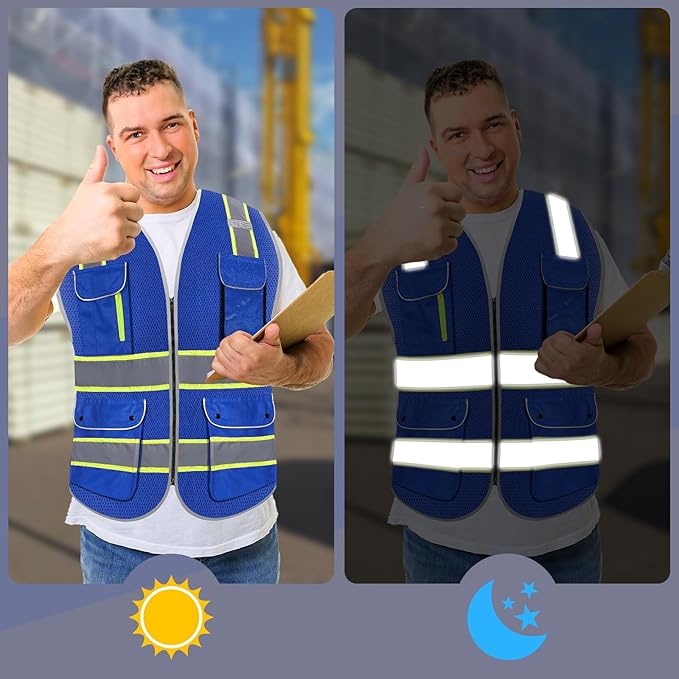 High Visibility Safety Vest - Reflective Breathable Mesh with 9 Pockets, Front Zipper for Men & Women - Meets ANSI/ISEA Standards