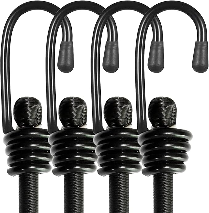 Bungee Cords with Hooks, Heavy Duty Outdoor Elastic Bungee Straps，No Odour Industrial Grade Bungee Rope for Securing Tarps, Luggage, Tents, Bikes or Garden Tidying 48inch 4Pcs (Black)