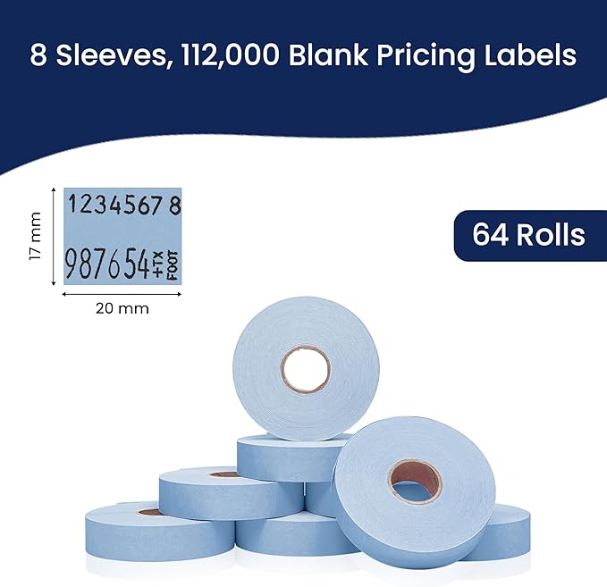 Perco Blue Pricing Labels for Monarch 1136 Price Gun - Case of 8 Sleeves, 64 Rolls Value Pack - 112,000 Price Marking Labels - with Ink Rolls Included