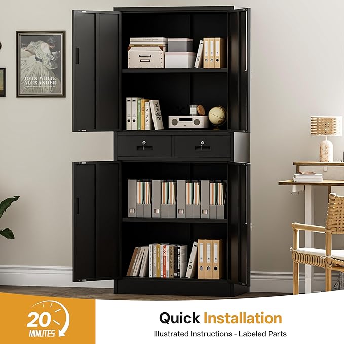 Metal Storage Cabinet，71" Garage Storage Cabinet with 2 Locking Drawer and 2 Adjustable Shelves ，Black Tool Cabinet，Lockable File Steel Cabinet for Home, Office, Gym, School.