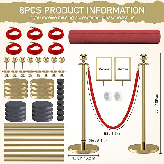 kaiyomi 8Pcs Stanchions Posts Velvet Ropes with Red Carpet and Sign Frame, Water or Sand-Fillable Base, Suitable for 8.5" x 11" A4 Paper Size Sign Frame for Red Carpet Party Decoration (Golden)