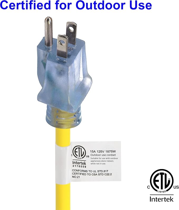 Clear Power 50 ft Heavy Duty Outdoor Extension Cord 14/3 SJTW with Lighted Locking Connector, Yellow, Water & Weather Resistant, Flame Retardant, 3 Prong Grounded Plug, DCOC-0130-DC