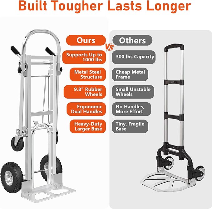 1000 LBS Dolly Cart with Wheels, 4 in 1 Folding Hand Truck, Stainless Steel Heavy Duty Industrial Convertible Hand Cart, Utility Collapsible Hand Truck Dolly for Warehouse, Home, Office, Etc