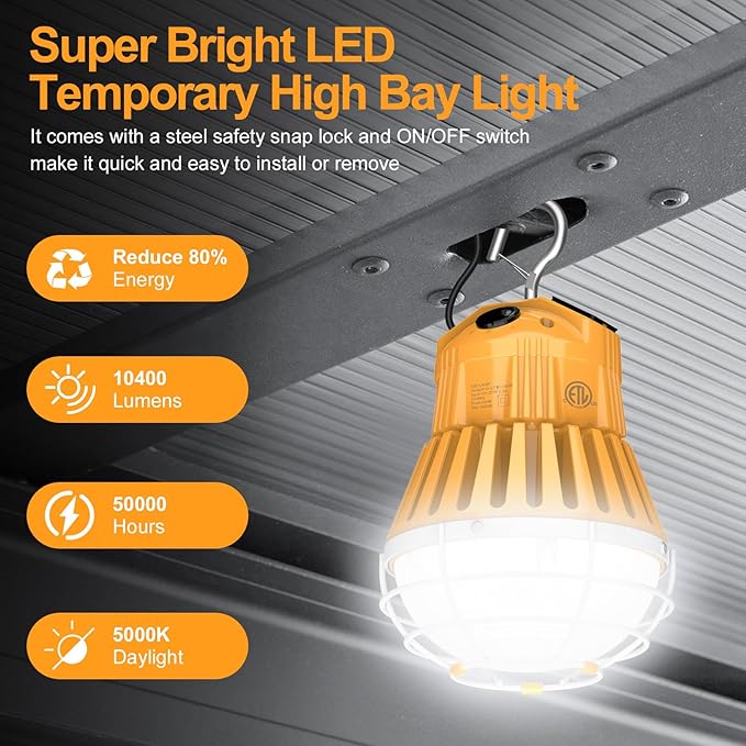 LED Temporary Work Light 80W/64W/48W, 10400LM Outdoor Construction Lights Job Site Lighting 5700K/5000K/4500K, 10ft Cord Hanging Lighting for Workshop Construction Garage, AC100-277V