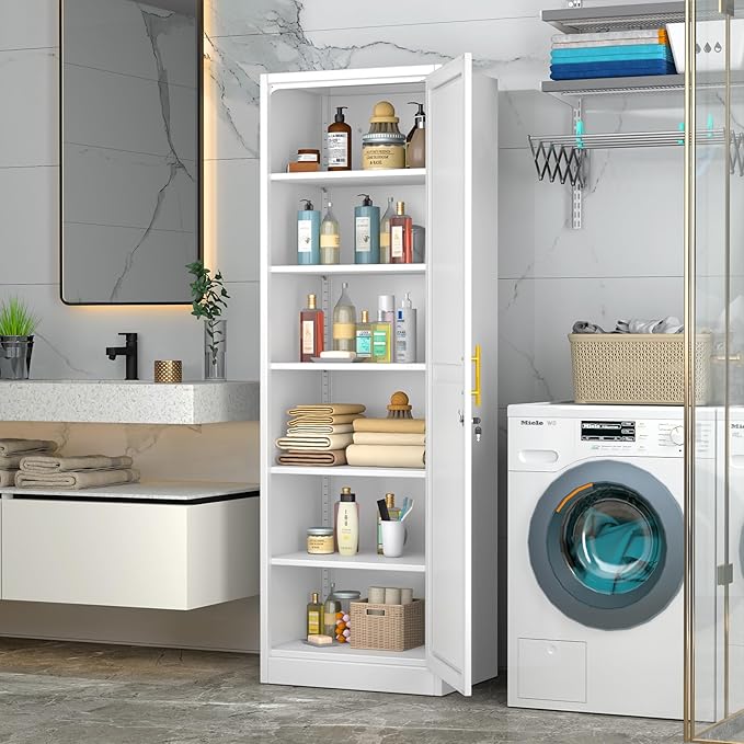 Metal Locker Cabinet, 19.7’’W Narrow Lockable Single File Storage Cabinet, Bathroom Cabinet with Lock and Adjustable Shelves for Living Room, Home Office, Dining Room, White