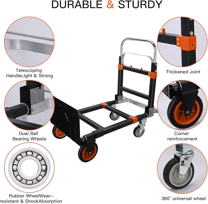 3 in1 Heavy Duty Convertible Hand Truck Dolly Cart, Folding Trolley Cart with Wheels, 600lbs Capacity for Transport Moving in Warehouse, Supermarket, Equipment (Orange)