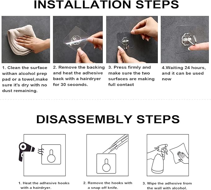 ZESLMG Heavy Duty Sticky Wall Hooks for Hanging, 24 Pack Self Adhesive Hooks 44lb Clear, Removable Large Shower Hook No Damage for Towel Key Coat Picture Wreath Outdoor Bathroom Kitchen, Waterproof