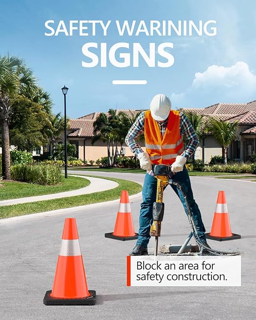 (4 Pack) BATTIFE Traffic Cones 18 Inch with Black Weighted Base, PVC Orange Cone for Traffic Control,Construction Events, Driveway Road Parking Lot