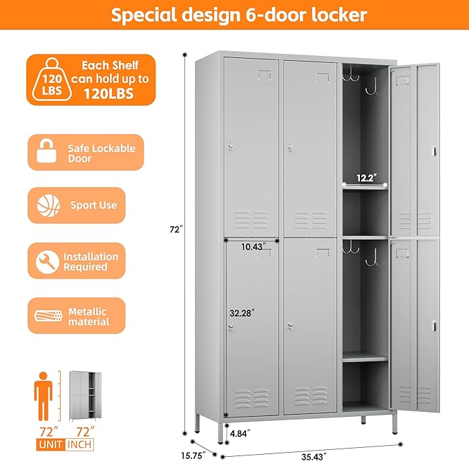 Employees Locker, 72 inch Tall Metal Storage Locker with 6 Doors for School Hospital Garage Gym Home Office with 12 Hooks, Requires Assembly
