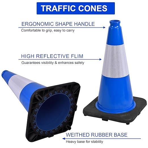 OrangeStar 18" Traffic Cones 6-Pack Blue Safety Cones with Reflective Collars, Heavy Duty Base for Construction, Parking Lot, Road Work, Flexible PVC, Indoor & Outdoor Use