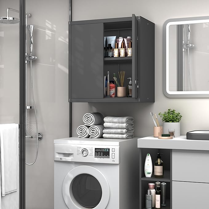 GREATMEET Metal Garage Storage Cabinet with Lock, Metal Wall Cabinets for Garage, Wall Mount Cabinet, Upper Cabinets Wall Mounted, Utility Cabinet with Adjustable Shelf for Home Office, Black