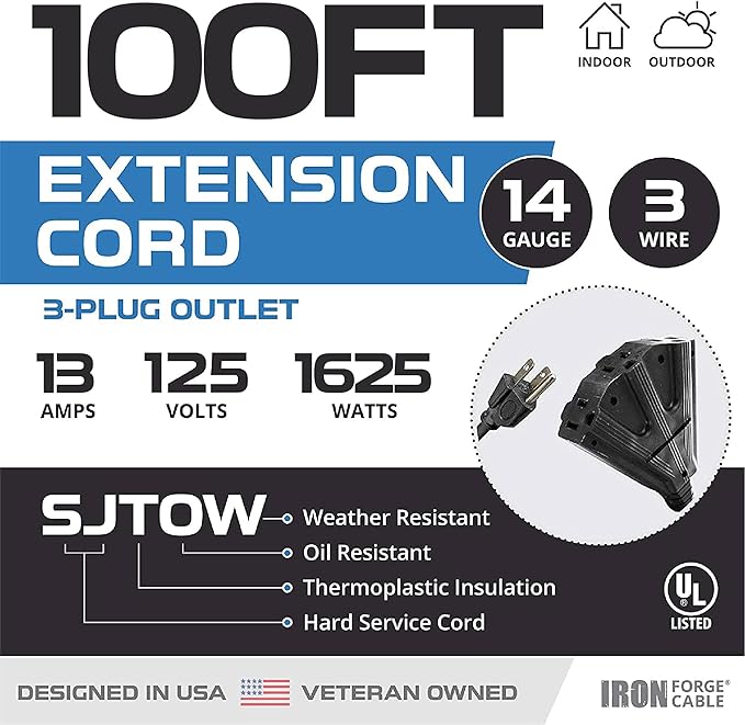 Iron Forge Cable 14 Gauge Outdoor Extension Cord 100 Ft with 3 Power Outlets, SJTOW 14/3 Heavy Duty Black 3 Prong, Oil Resistant & Flame Retardant
