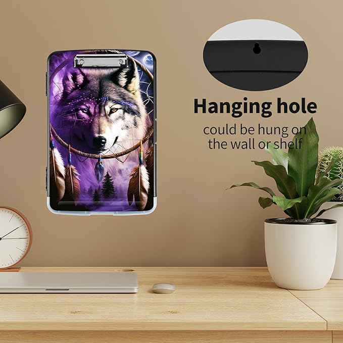 Clipboard with Storage High Capacity Plastic Nursing Clipboards with Pen Holder File Folder Storage Box Clipboard with Heavy Duty Clips for Teacher,Doctor,Offices-Dream Catcher Wolfs