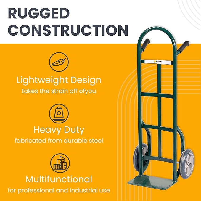 HaulPro Heavy Duty Hand Truck with Double-Grip Handle - Steel Dolly Cart for Moving - 800 Pound Capacity - 10" - Rubber Wheels - 50" H x 18.5" W with 14" x 9.5" Nose Plate - Green