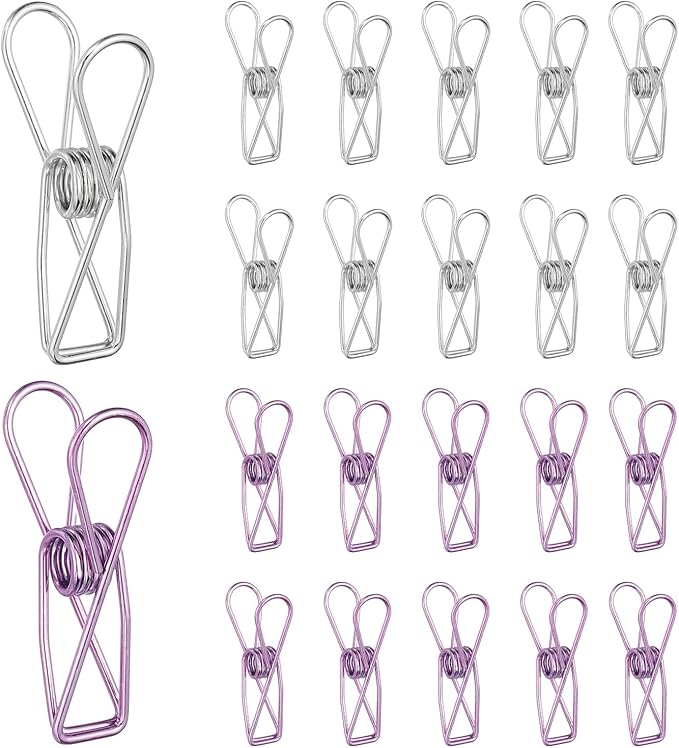 PATIKIL 50Pcs Paper Office Binder Clips, 1.26" Small Metal Wire Hollow Out Paper Clamps Long Tail Binder Clips for Photo Clothes Hanging Office Home Kitchen Food Package, Silver/Purple