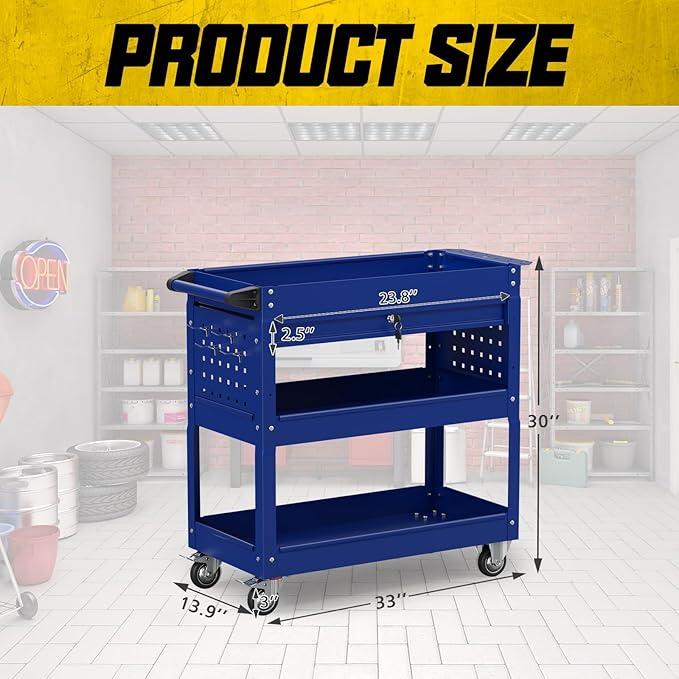3 Tier Rolling Tool Cart on Wheels, 450 LBS Capacity Tool Cart with Drawers, Heavy Duty Rolling Utility Cart on Wheels, Rolling Tool Work Carts for Garage, Warehouse and Repair Shop,Blue