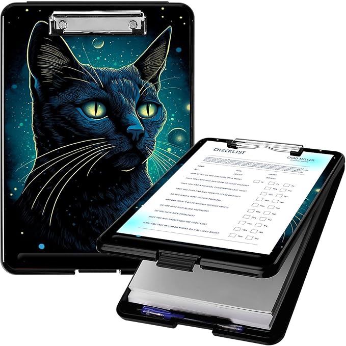 Clipboard with Storage, High Capacity Plastic Storage Clipboard with Pen Holder for Women Teachers Work, School & Office Supplies, Cute Pattern Decorative Clipboards, Planet Cat