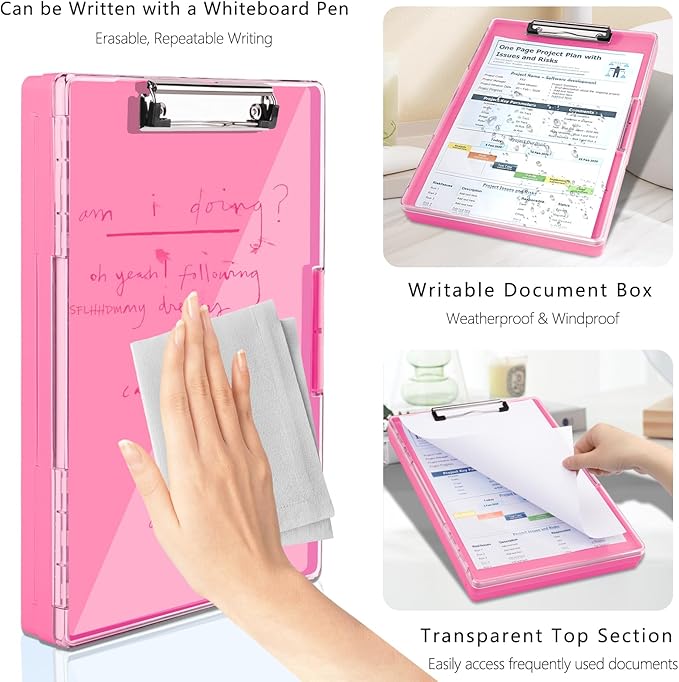Clipboard with Storage,Heavy Duty Clip Boards 8.5x11 with 2 Storage Case,Clear Visible Top Panel Storage Clipboards,Side Opening Clip Boards,Nursing Clipboard Folder Case for Office Supplies-Pink