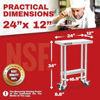 DuraSteel 24x12 NSF Stainless Steel Cart Work Table - Heavy Duty Rolling Food Prep Table - Metal Utility Cart on Wheels Caster, Grill Stand Microwave Outdoor Kitchen Tables Countertop Island Top Vevor