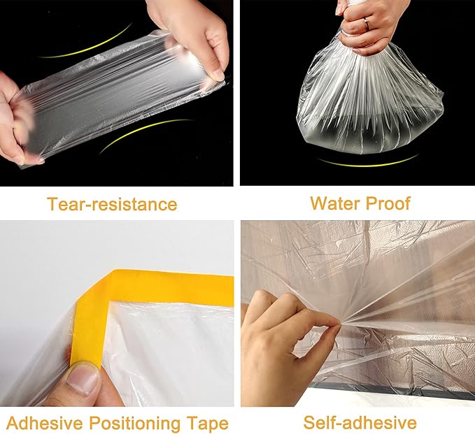 Muf 5 x 65 Feet Plastic Drop Cloth Plastic Sheeting with Masking Tape,Waterproof Protective Masking Film,Prevent Dust Paint for Car,Furniture,Carpet,Floor,1 Pack