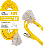 3-Outlets Indoor Outdoor Extension Cord Weatherproof with Lighted End, UL Listed, 12 Gauge 30FT Yellow 3 Prong Heavy Duty, 12/3 SJTW 15A Extension Cord
