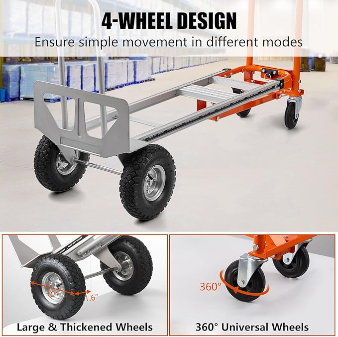 3in1 Convertible Hand Truck, Aluminum Hand Trucks 880 lb Capacity, Utility Dolly Cart Converts from Hand Truck Dolly to Platform Cart 3 Positions for Transport & Moving with 10" Rubber Wheels