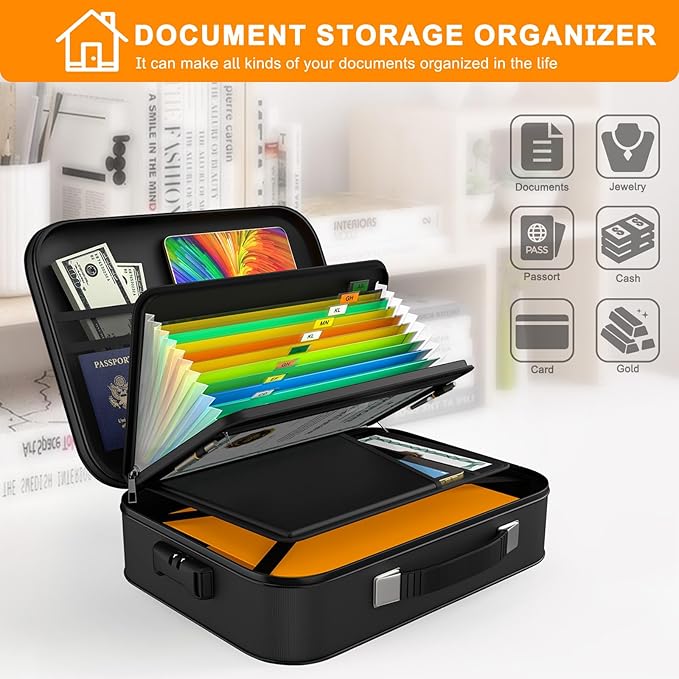 JUNDUN Fireproof Document Box,Hard Case Fireproof Document Organizer with Lock，Home Travel Portable Fireproof Safe Storage Box Case for Letter Size Documents,Files,Papers and Passport,Black