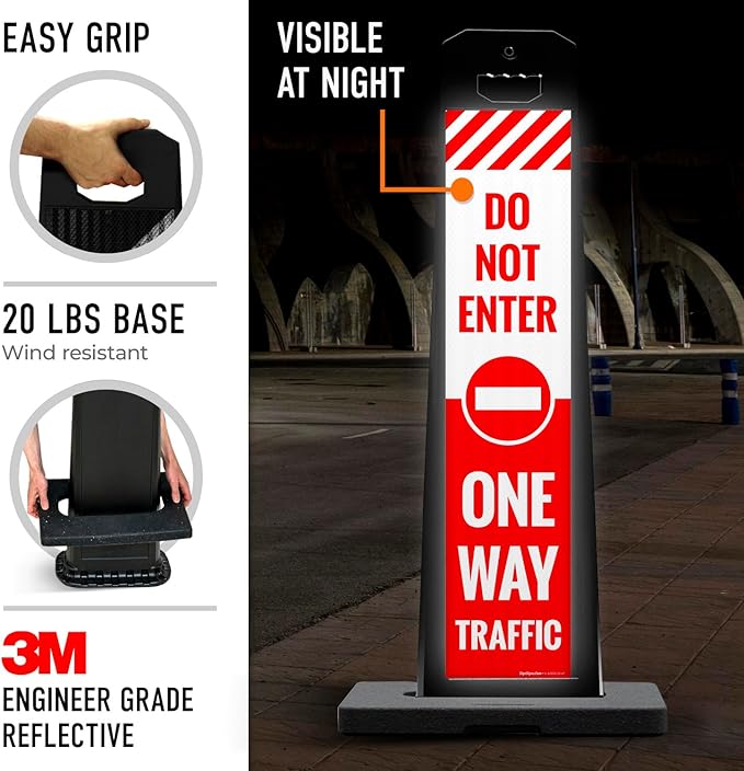 Do Not Enter One Way Traffic Vertical Panel Sign Kit, Double Sided 3M Engineer Grade Reflective, with 20 lbs Black Portable Rubber Base, Impact Resistant Plastic Frame