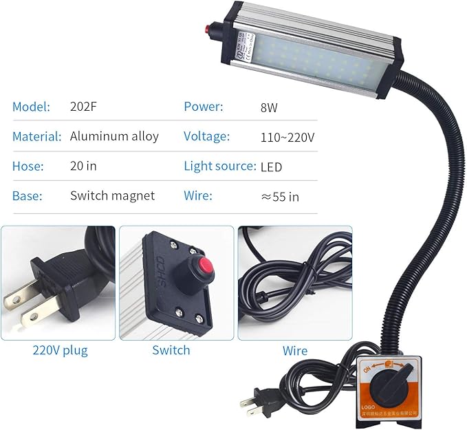 Magnetic Work Light, LED Machine Light with 44 LEDs, Waterproof with 19 Inch Gooseneck, IP66 Rating, 800 Lumen, 120 Volt for Lathe Machine Tools