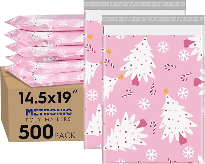 Metronic Christmas Poly Mailers 14.5x19" 500 Pack Shipping Bags for Clothes,Self Adhesive Shipping Envelopes for Small Business,Waterproof Mailers Poly Bags for Shipping,Packaging Mailing Bags Pink