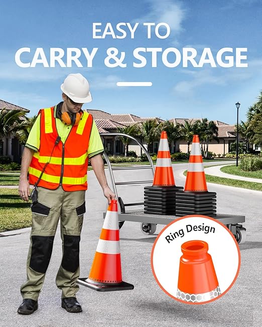 (4 Pack) BATTIFE Traffic Cones 28 Inch with Black Weighted Base, PVC Orange Cone for Traffic Control, Construction Events, Driveway Road Parking Lot