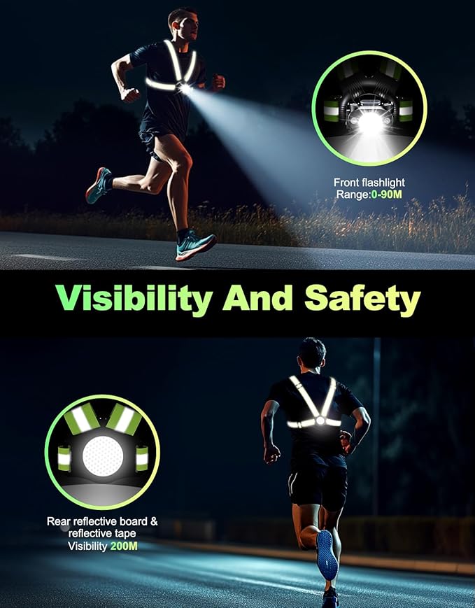 Running Lights for Runners, 500 Lumens Running Light with 45° Adjustable Tilt, 360° Reflective Vest & IPX4 Waterproof Rechargeable Safety Light Up Gear for Night Walking/Cycling/Jogging/Hiking