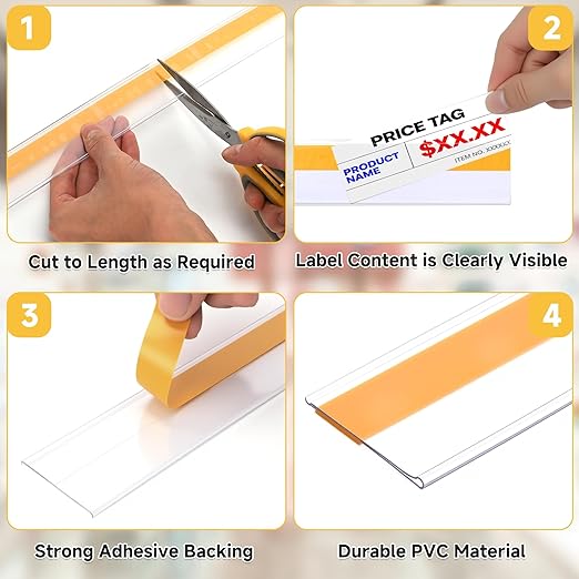50 Pcs Shelf Label Strips, Self Adhesive Shelf Label Holder, 1.5''H x 48''L with 50 White Labels Sheets Price Tag Holder Clear Plastic Shelves Clip for Supermarket Gondola Shelving (Clear)