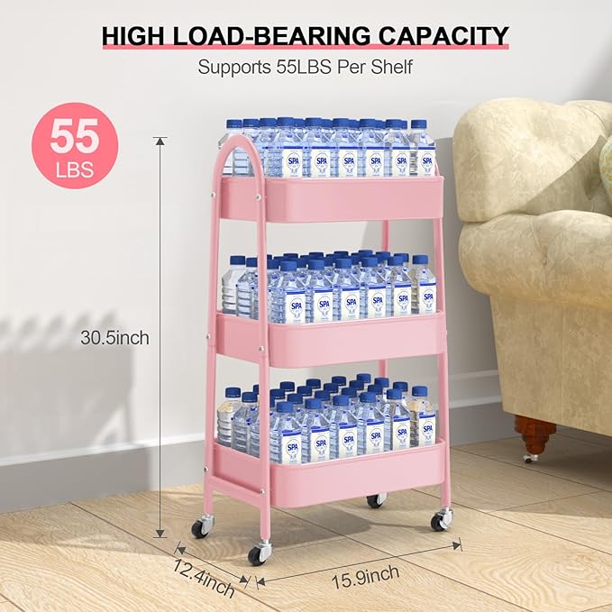EAGMAK 3 Tier Utility Rolling Cart, Metal Storage Cart with Handle and Lockable Wheels, Multifunctional Storage Organizer Trolley with Mesh Baskets for Kitchen, Living Room, Office, Garage (Pink)
