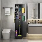 Aobabo Metal Broom Closet Storage Cabinet with Wheels, 72'' Tall Steel Cleaning Tools Garage Cabinet with Pegboards and Hooks,Assembly Required,Black