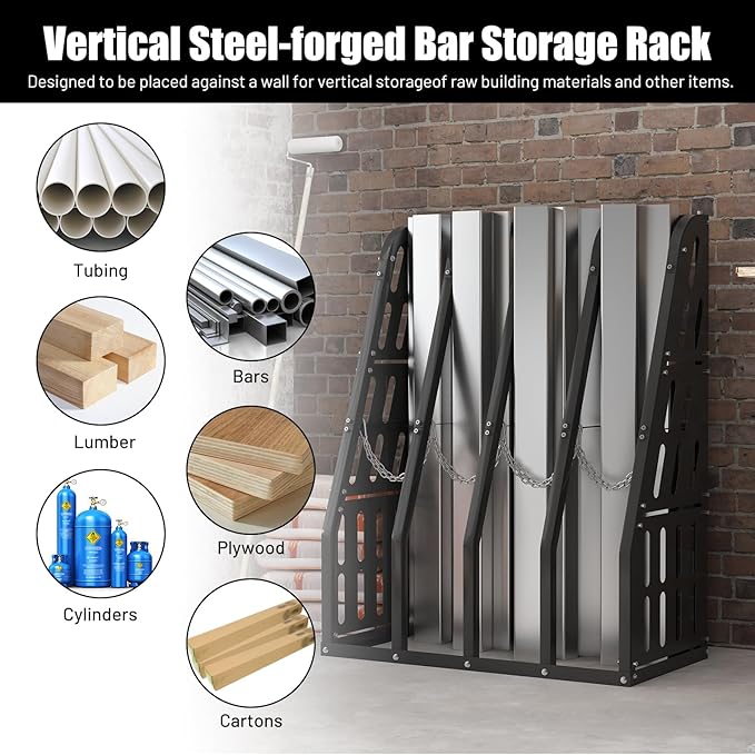 1500LBS Vertical Bar Rack Standing Storage Rack, 47" W x 24" D x 60" H Steel Vertical Long Parts Storage Rack with Galvanized Chains & 2 Side Pegboards, 4 Bays Lumber Storage for Garage Storage