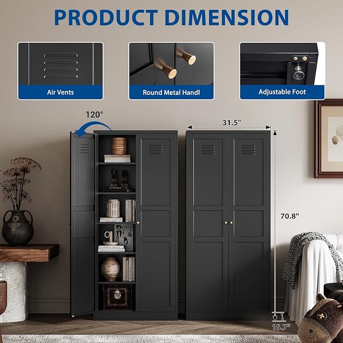 Metal Storage Cabinet-71” Tall Steel File Cabinets with Doors and 5 Adjustable Shelves-Black Steel Storage Cabinet for Home,Kitchen, School, Office, Garage